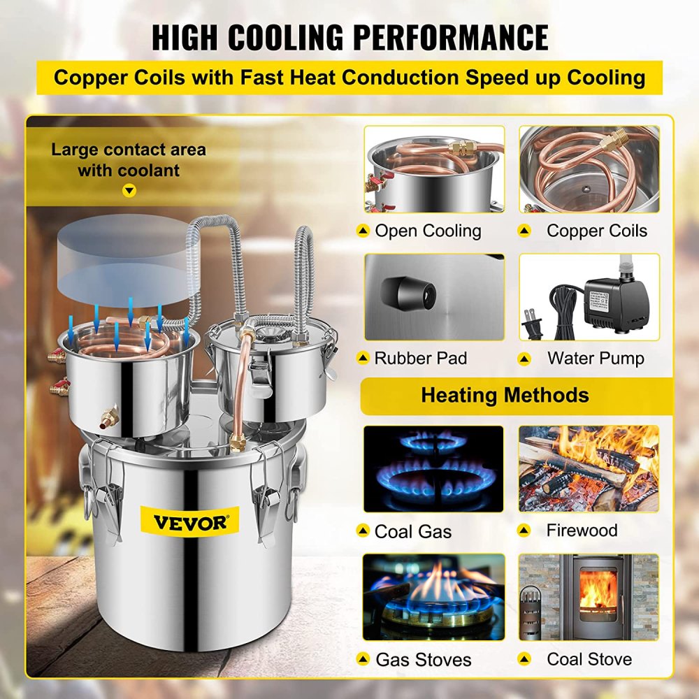 VEVOR Moonshine Still Stainless Steel Water Alcohol Distiller Copper Tube With Circulating Pump Home Brewing Kit Build-in Thermometer for DIY Whisky Wine Brandy Spirits 