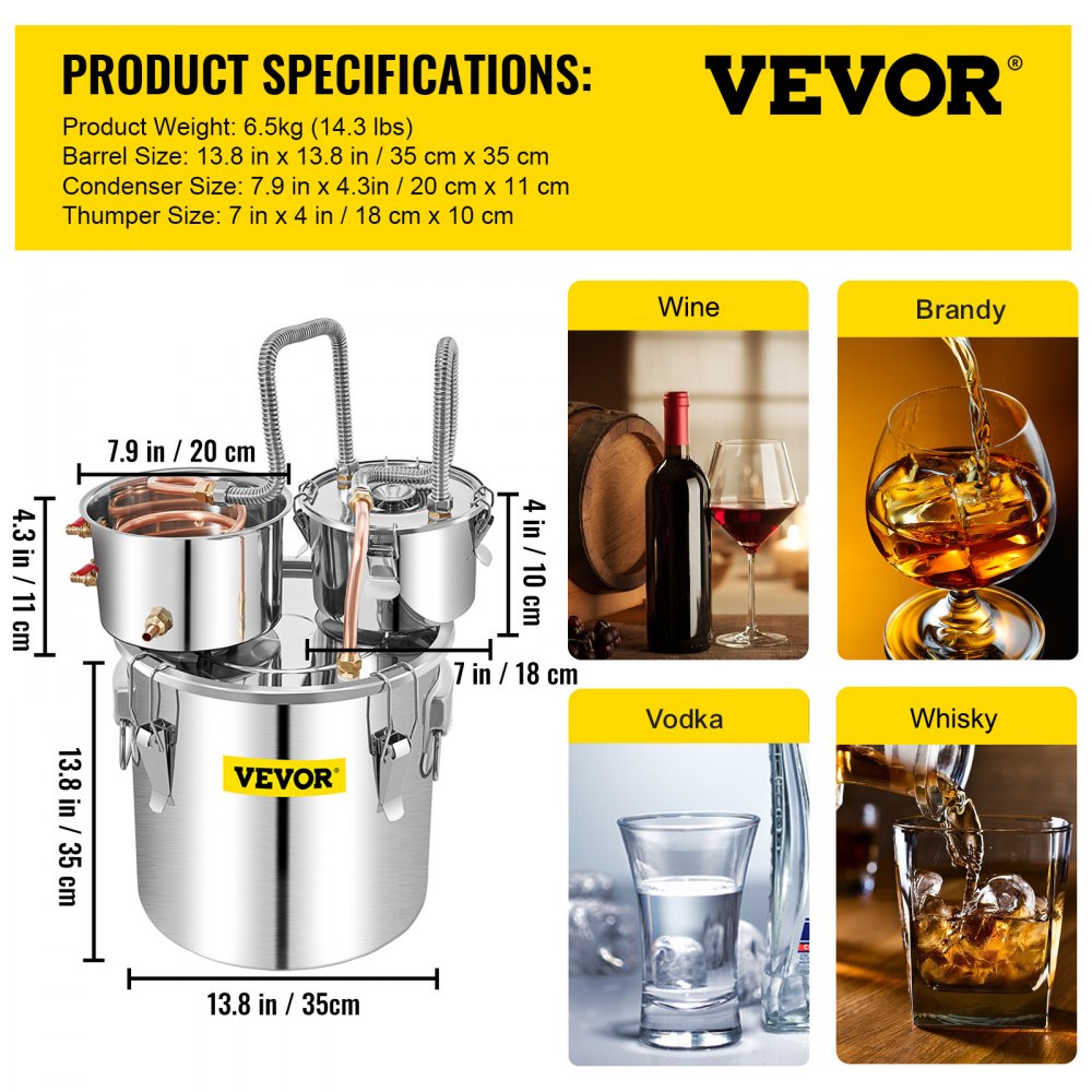 VEVOR Moonshine Still Stainless Steel Water Alcohol Distiller Copper Tube With Circulating Pump Home Brewing Kit Build-in Thermometer for DIY Whisky Wine Brandy Spirits 