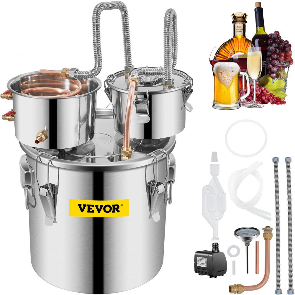 VEVOR Moonshine Still Stainless Steel Water Alcohol Distiller Copper Tube With Circulating Pump Home Brewing Kit Build-in Thermometer for DIY Whisky Wine Brandy Spirits 