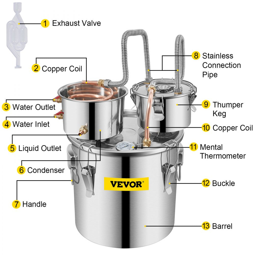 VEVOR Moonshine Still Stainless Steel Water Alcohol Distiller Copper Tube With Circulating Pump Home Brewing Kit Build-in Thermometer for DIY Whisky Wine Brandy Spirits 