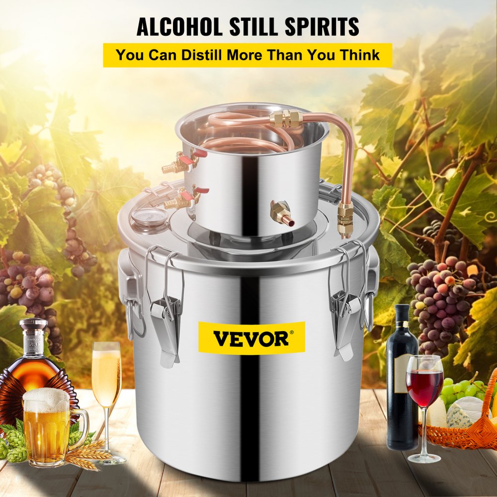 VEVOR Moonshine Still 9.6Gal 38L Stainless Steel Water Alcohol Distiller Copper Tube Home Brewing Kit Build-in Thermometer for DIY Whisky Wine Brandy, Sliver 