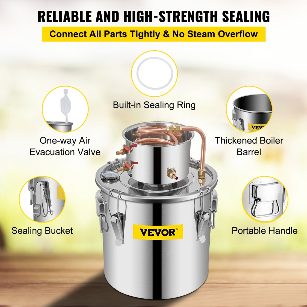 VEVOR Moonshine Still 9.6Gal 38L Stainless Steel Water Alcohol Distiller Copper Tube Home Brewing Kit Build-in Thermometer for DIY Whisky Wine Brandy, Sliver 