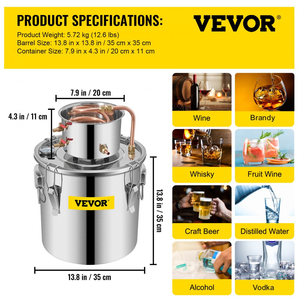 VEVOR Moonshine Still 9.6Gal 38L Stainless Steel Water Alcohol Distiller Copper Tube Home Brewing Kit Build-in Thermometer for DIY Whisky Wine Brandy, Sliver 