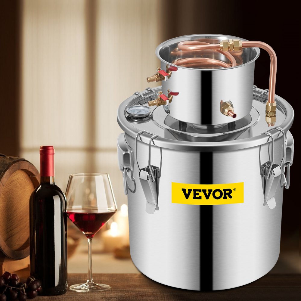 VEVOR Moonshine Still 9.6Gal 38L Stainless Steel Water Alcohol Distiller Copper Tube Home Brewing Kit Build-in Thermometer for DIY Whisky Wine Brandy, Sliver 
