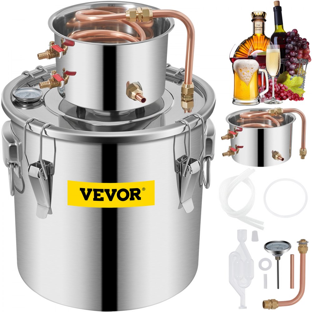 VEVOR Moonshine Still 9.6Gal 38L Stainless Steel Water Alcohol Distiller Copper Tube Home Brewing Kit Build-in Thermometer for DIY Whisky Wine Brandy, Sliver 