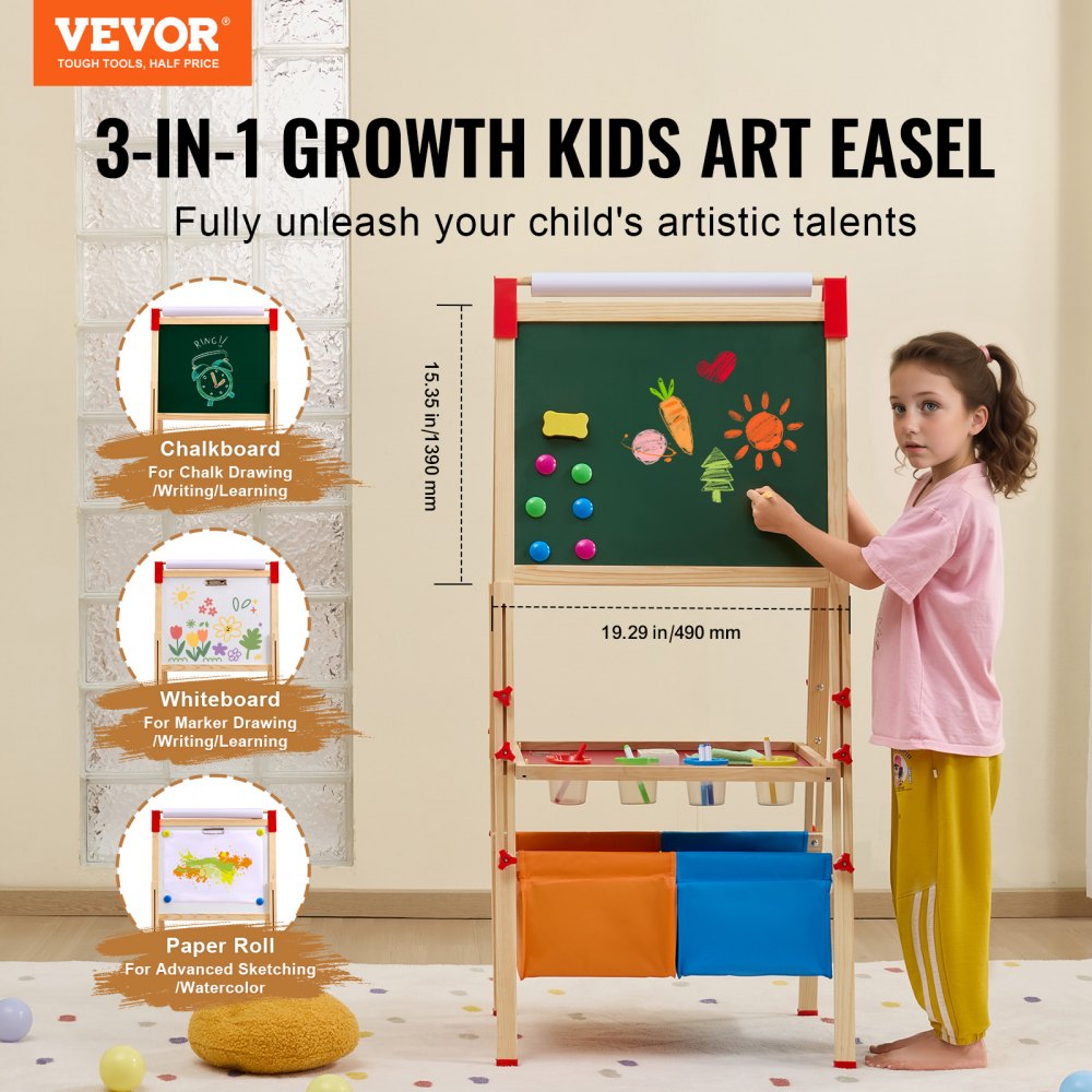 VEVOR 3-in-1 Kids Art Easel Double-Sided Wooden Magnetic Whiteboard Chalkboard 