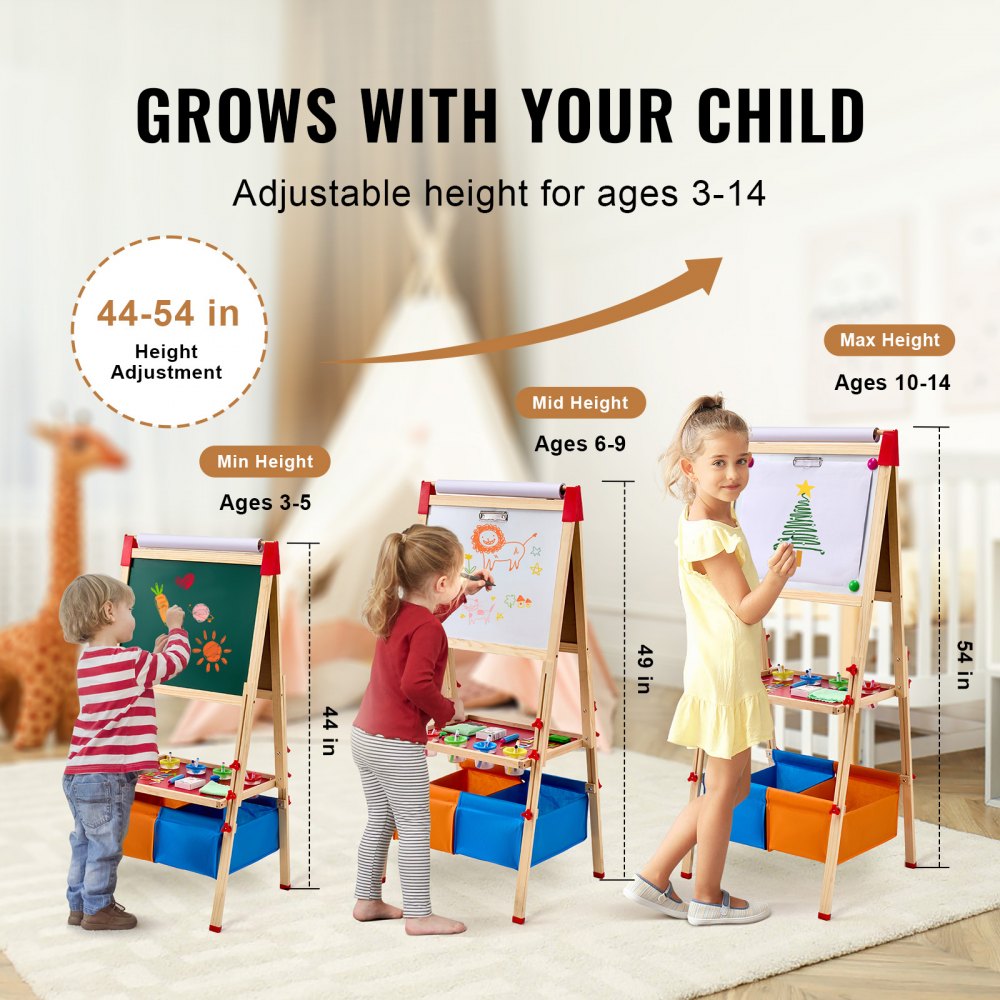 VEVOR 3-in-1 Kids Art Easel Double-Sided Wooden Magnetic Whiteboard Chalkboard 
