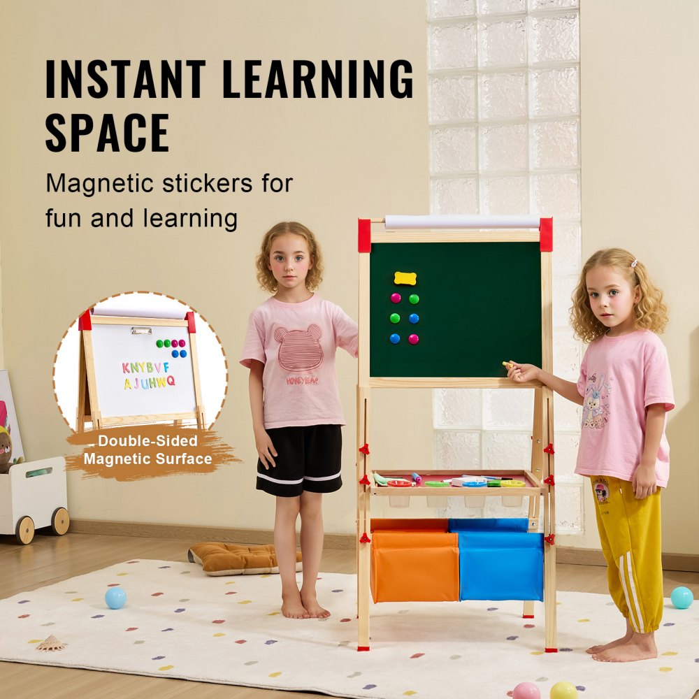 VEVOR 3-in-1 Kids Art Easel Double-Sided Wooden Magnetic Whiteboard Chalkboard 