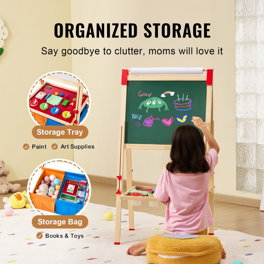 VEVOR 3-in-1 Kids Art Easel Double-Sided Wooden Magnetic Whiteboard Chalkboard 