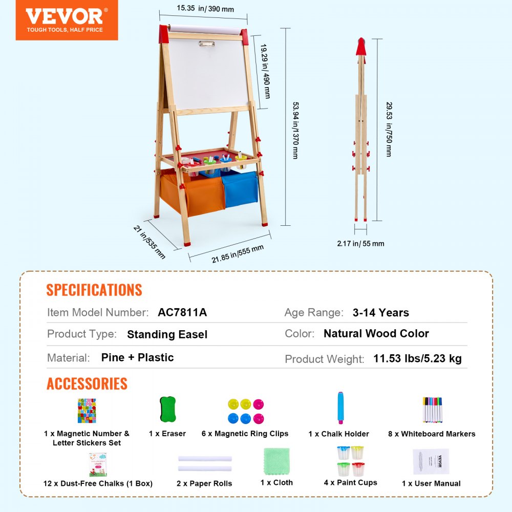 VEVOR 3-in-1 Kids Art Easel Double-Sided Wooden Magnetic Whiteboard Chalkboard 