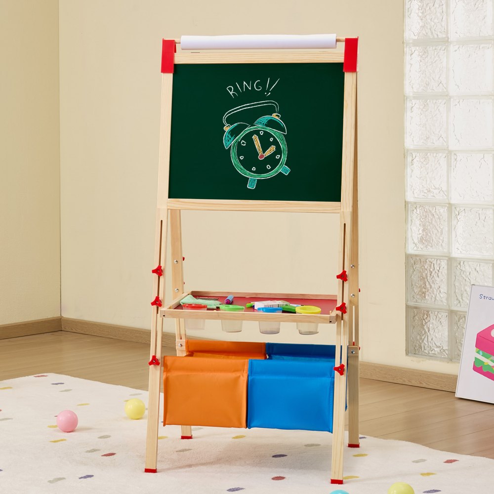 VEVOR 3-in-1 Kids Art Easel Double-Sided Wooden Magnetic Whiteboard Chalkboard 