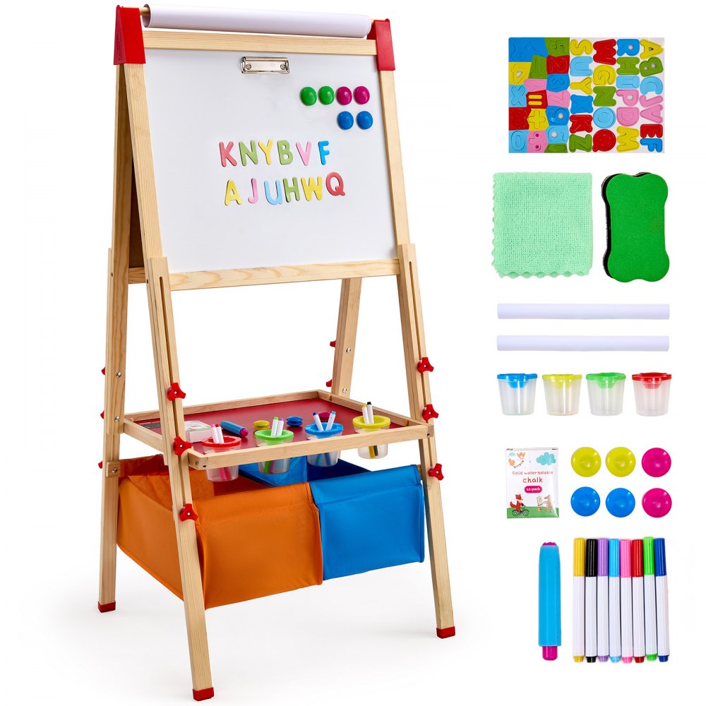 VEVOR 3-in-1 Kids Art Easel Double-Sided Wooden Magnetic Whiteboard Chalkboard 