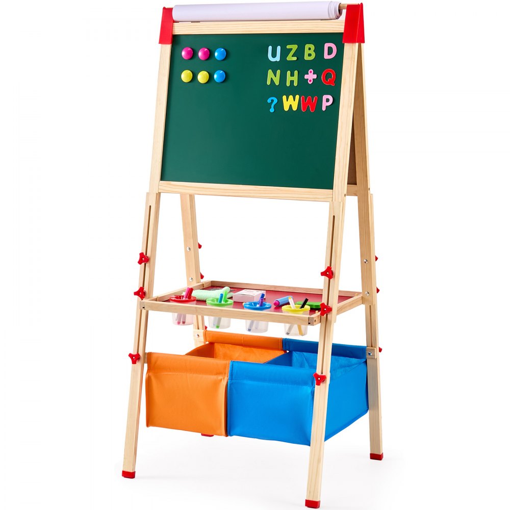 VEVOR 3-in-1 Kids Art Easel Double-Sided Wooden Magnetic Whiteboard Chalkboard 