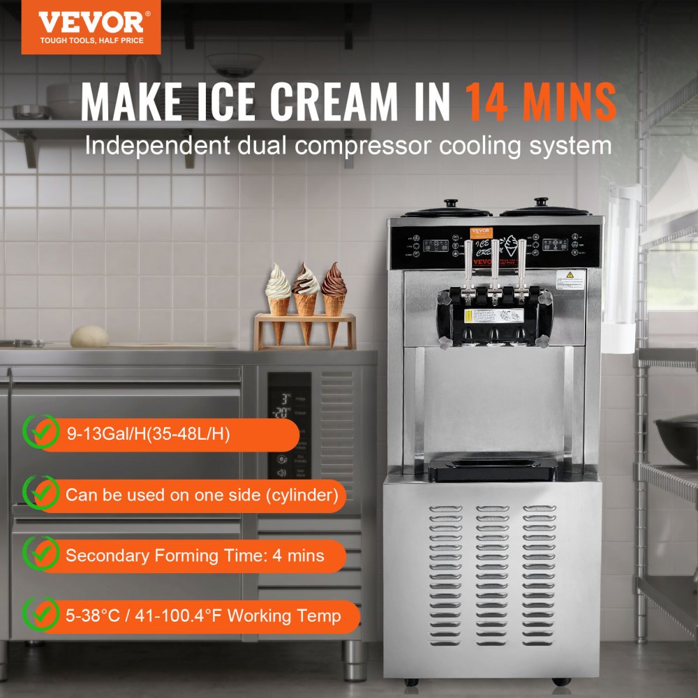 VEVOR Commercial Ice Cream Machine, 34-44 L/H Yield, 3400W 3-Flavor Freestanding Soft Serve Ice Cream Maker, 2 x 9L Stainless Steel Hopper, LED Panel Allows Single Cylinder Use Overnight Refrigeration 