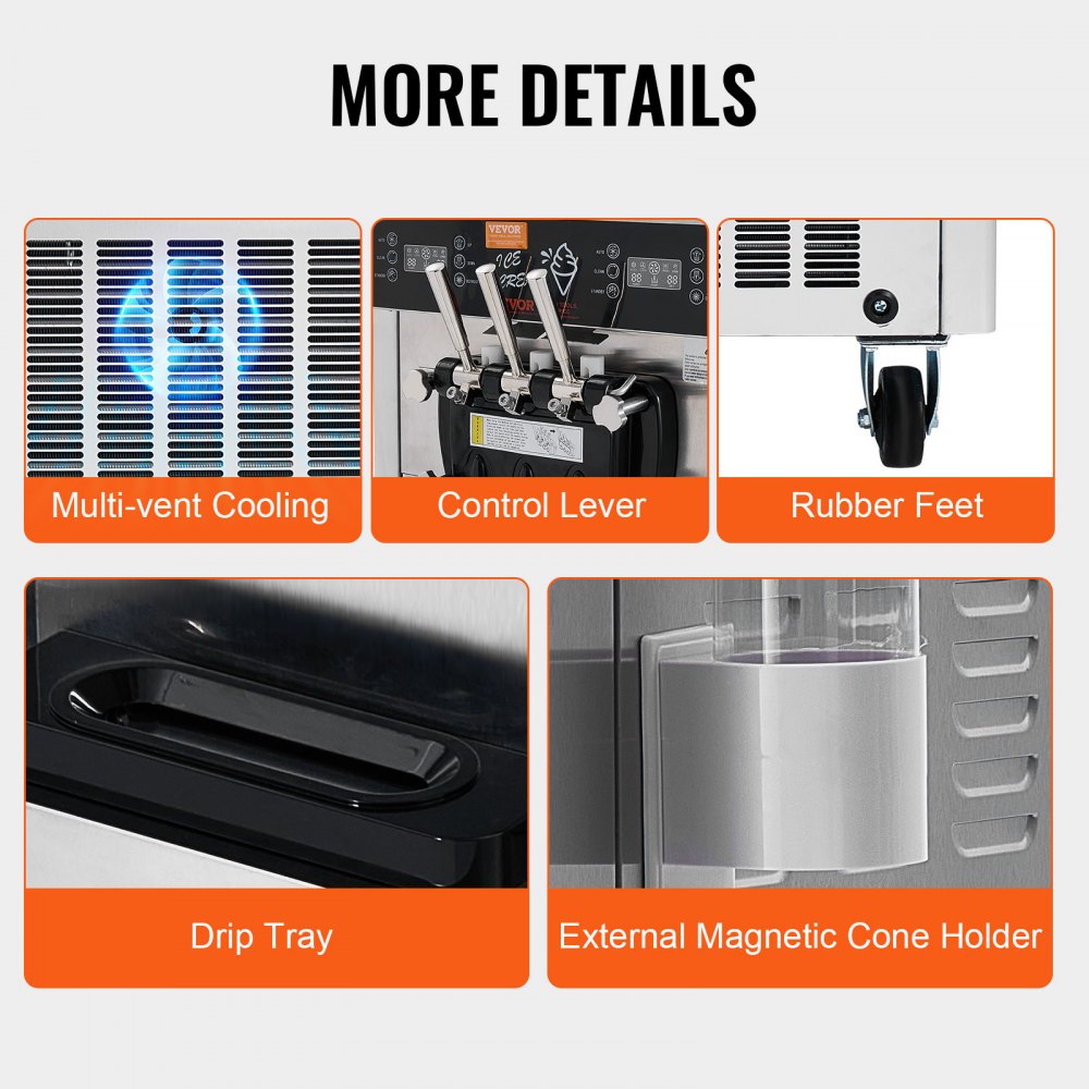 VEVOR Commercial Ice Cream Machine, 34-44 L/H Yield, 3400W 3-Flavor Freestanding Soft Serve Ice Cream Maker, 2 x 9L Stainless Steel Hopper, LED Panel Allows Single Cylinder Use Overnight Refrigeration 