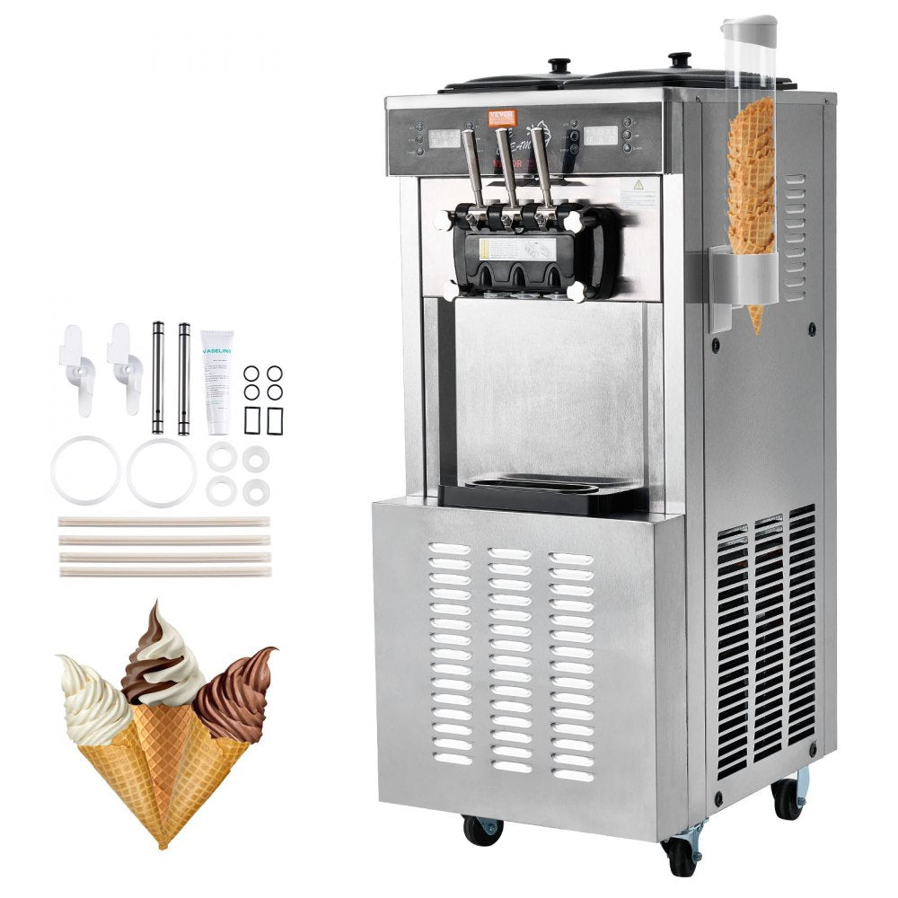 VEVOR Commercial Ice Cream Machine, 34-44 L/H Yield, 3400W 3-Flavor Freestanding Soft Serve Ice Cream Maker, 2 x 9L Stainless Steel Hopper, LED Panel Allows Single Cylinder Use Overnight Refrigeration 