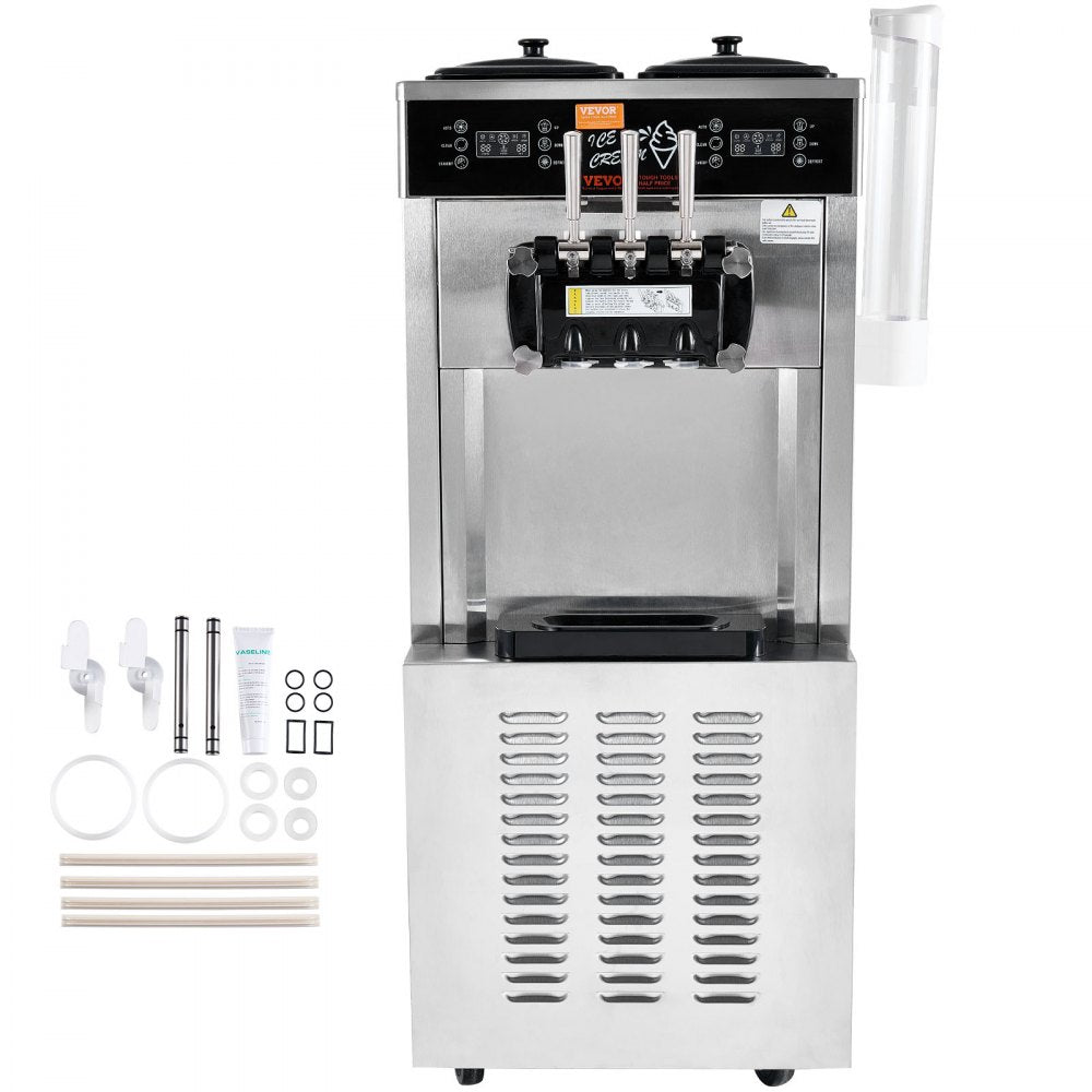 VEVOR Commercial Ice Cream Machine, 34-44 L/H Yield, 3400W 3-Flavor Freestanding Soft Serve Ice Cream Maker, 2 x 9L Stainless Steel Hopper, LED Panel Allows Single Cylinder Use Overnight Refrigeration 