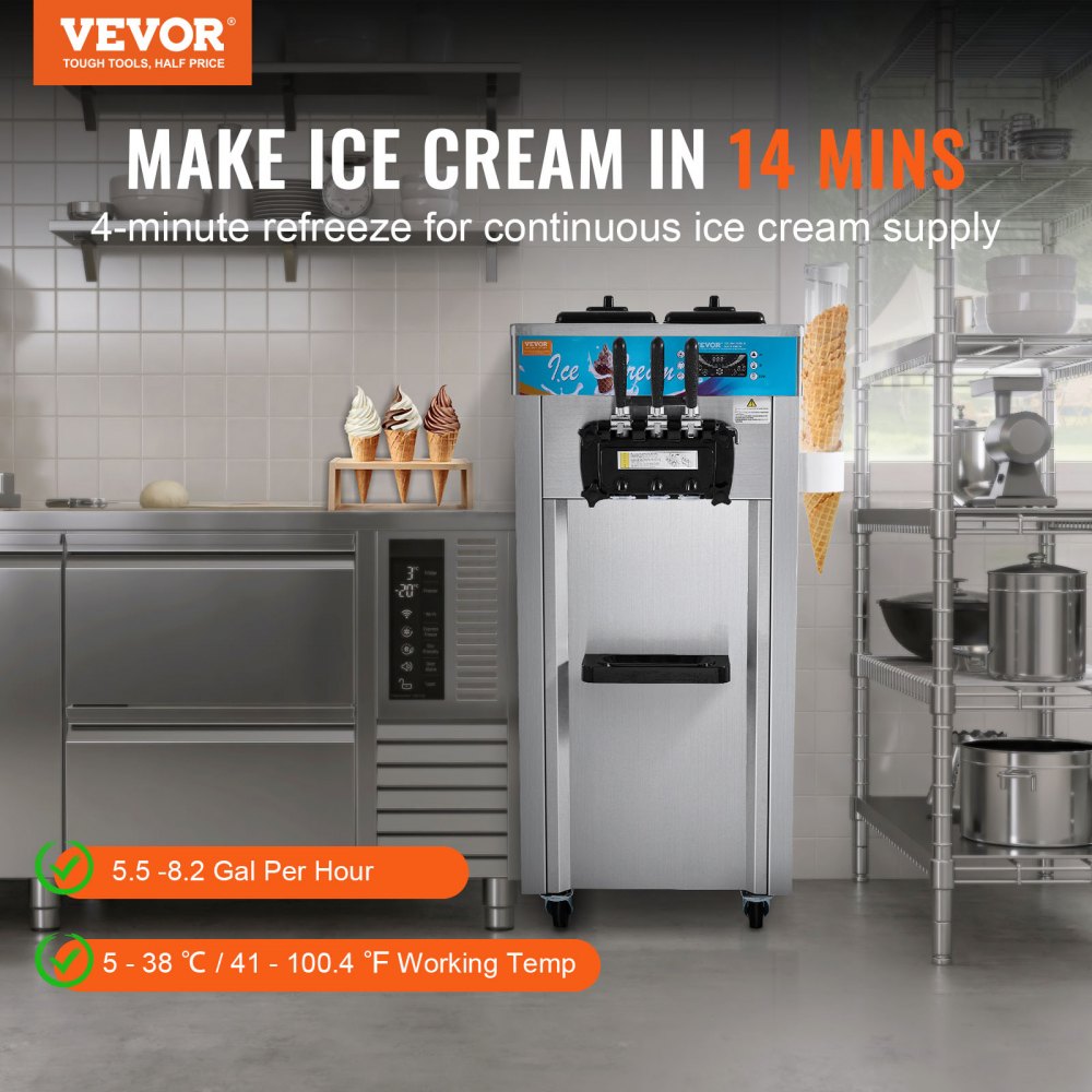 VEVOR Commercial Ice Cream Machine, 21-31 L/H Yield, 1800W 3-Flavor Freestanding Soft Serve Ice Cream Maker,  2 x 5.5L Stainless Steel Cylinder, LED Panel Auto Clean Pre-cooling, for Restaurant Bars 