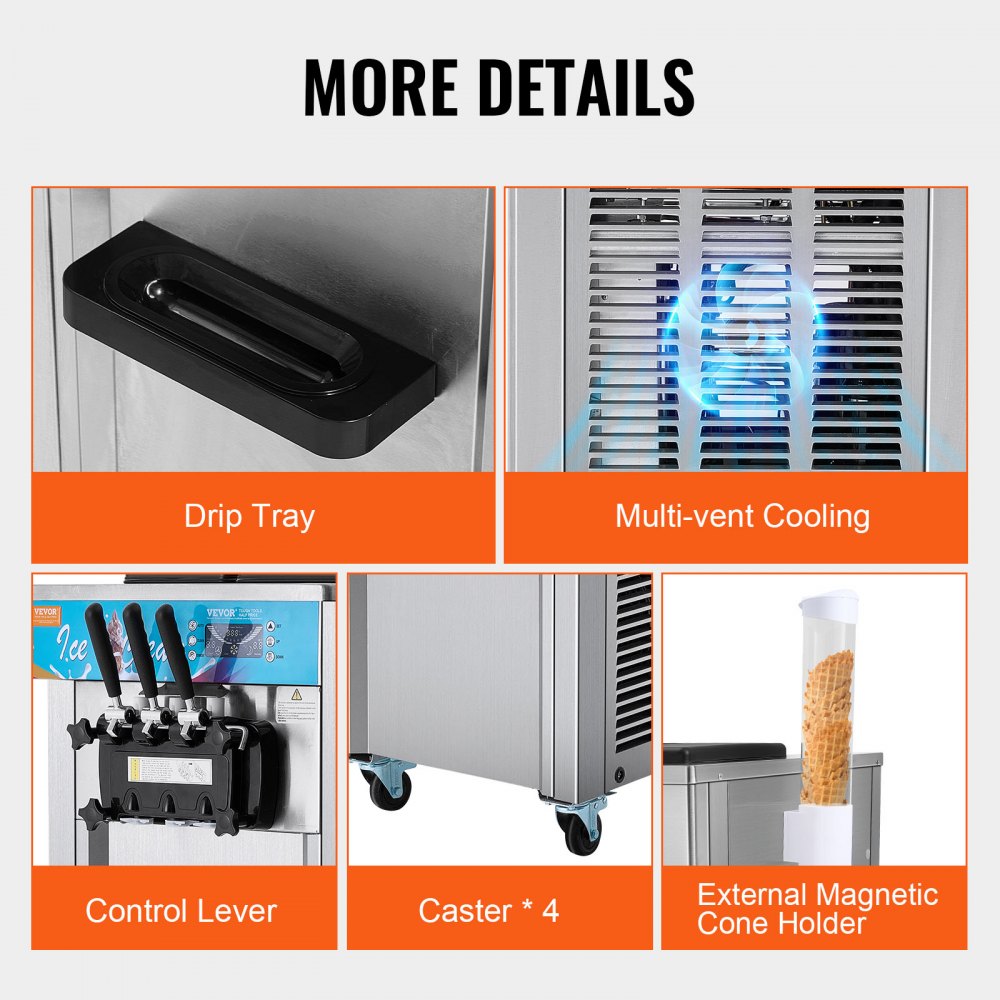 VEVOR Commercial Ice Cream Machine, 21-31 L/H Yield, 1800W 3-Flavor Freestanding Soft Serve Ice Cream Maker,  2 x 5.5L Stainless Steel Cylinder, LED Panel Auto Clean Pre-cooling, for Restaurant Bars 