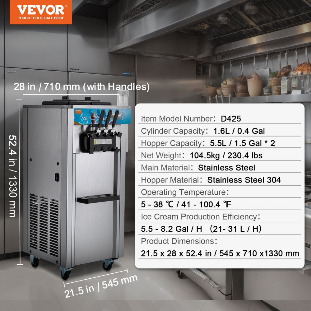 VEVOR Commercial Ice Cream Machine, 21-31 L/H Yield, 1800W 3-Flavor Freestanding Soft Serve Ice Cream Maker,  2 x 5.5L Stainless Steel Cylinder, LED Panel Auto Clean Pre-cooling, for Restaurant Bars 