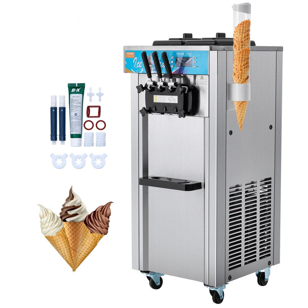 VEVOR Commercial Ice Cream Machine, 21-31 L/H Yield, 1800W 3-Flavor Freestanding Soft Serve Ice Cream Maker,  2 x 5.5L Stainless Steel Cylinder, LED Panel Auto Clean Pre-cooling, for Restaurant Bars 