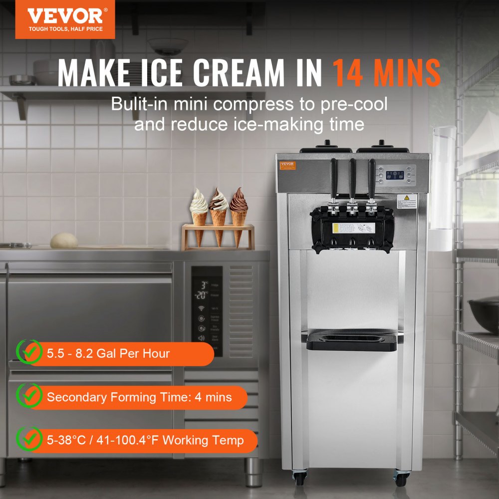 VEVOR Commercial Ice Cream Machine, 21-31 L/H Yield, 1850W 3-Flavor Freestanding Soft Serve Ice Cream Maker,  2 x 4.3L Stainless Steel Hopper, LED Panel Auto Clean Overnight Refrigeration, for Restaur 