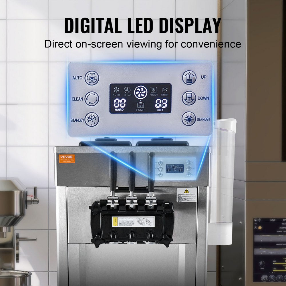 VEVOR Commercial Ice Cream Machine, 21-31 L/H Yield, 1850W 3-Flavor Freestanding Soft Serve Ice Cream Maker,  2 x 4.3L Stainless Steel Hopper, LED Panel Auto Clean Overnight Refrigeration, for Restaur 