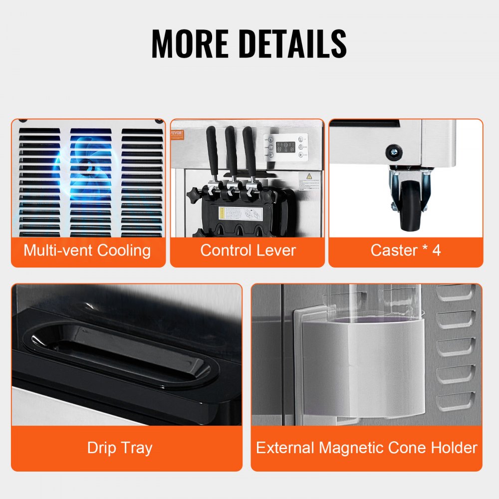 VEVOR Commercial Ice Cream Machine, 21-31 L/H Yield, 1850W 3-Flavor Freestanding Soft Serve Ice Cream Maker,  2 x 4.3L Stainless Steel Hopper, LED Panel Auto Clean Overnight Refrigeration, for Restaur 