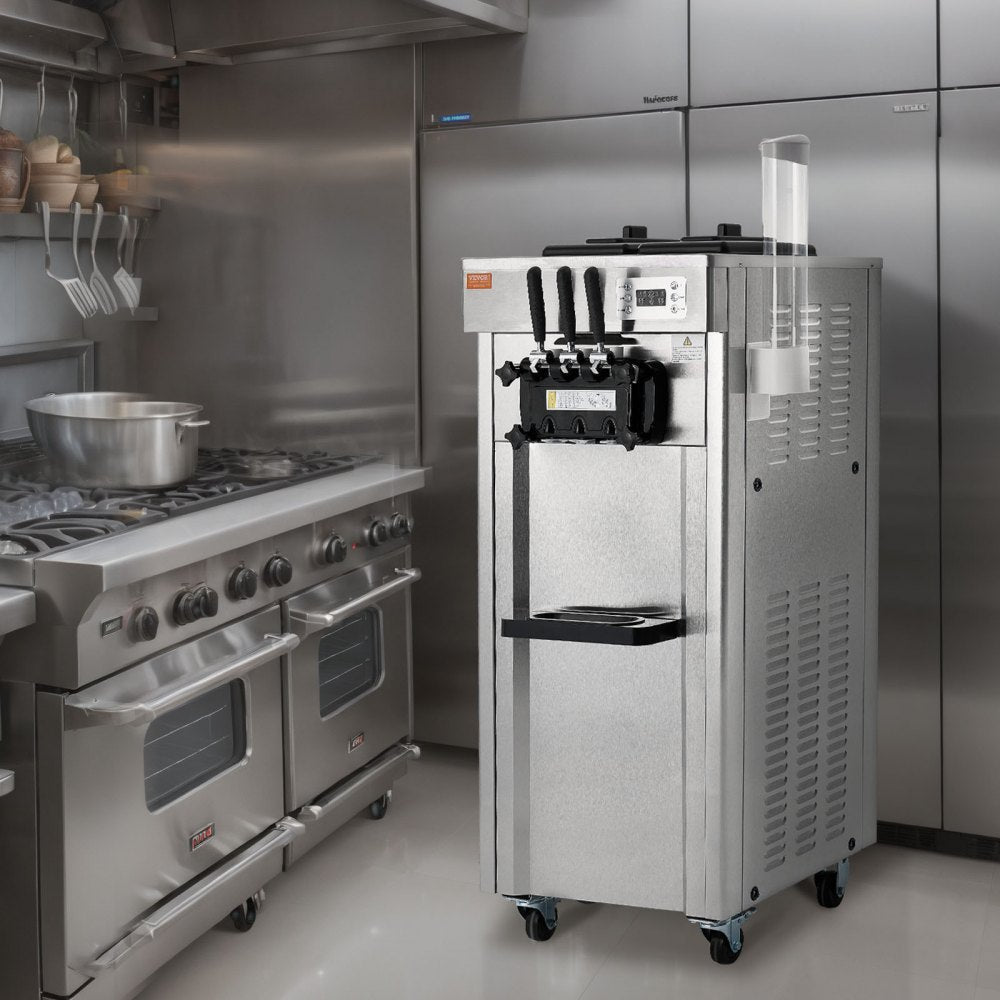 VEVOR Commercial Ice Cream Machine, 21-31 L/H Yield, 1850W 3-Flavor Freestanding Soft Serve Ice Cream Maker,  2 x 4.3L Stainless Steel Hopper, LED Panel Auto Clean Overnight Refrigeration, for Restaur 