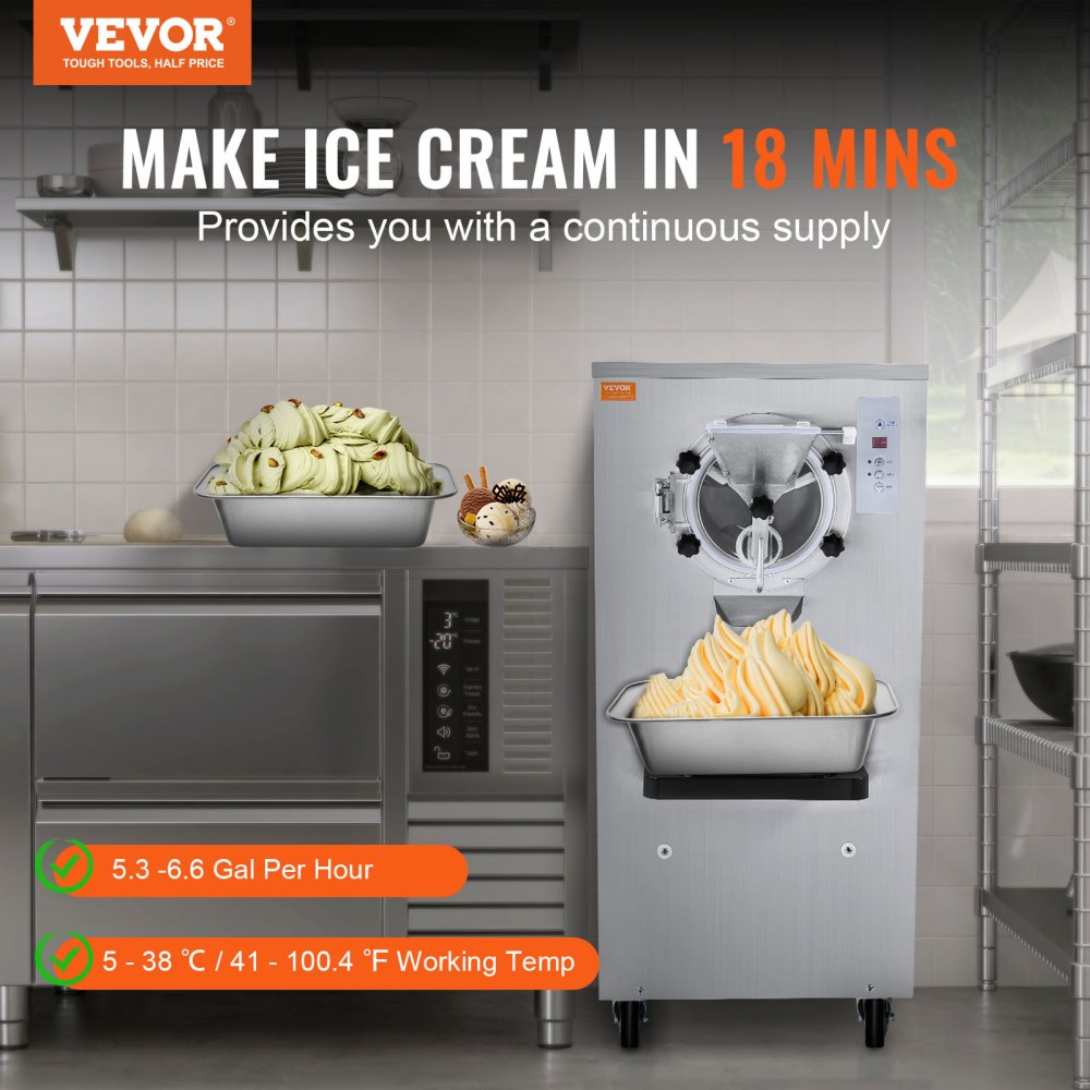 VEVOR Commercial Ice Cream Machine, 20-25L/H Yield, 2400W 1-Flavor Hard Serve Ice Cream Maker,  8L Stainless Steel Cylinder, Digital Display Auto Clean Adjustable Hardness, for Restaurant Snack Bars 
