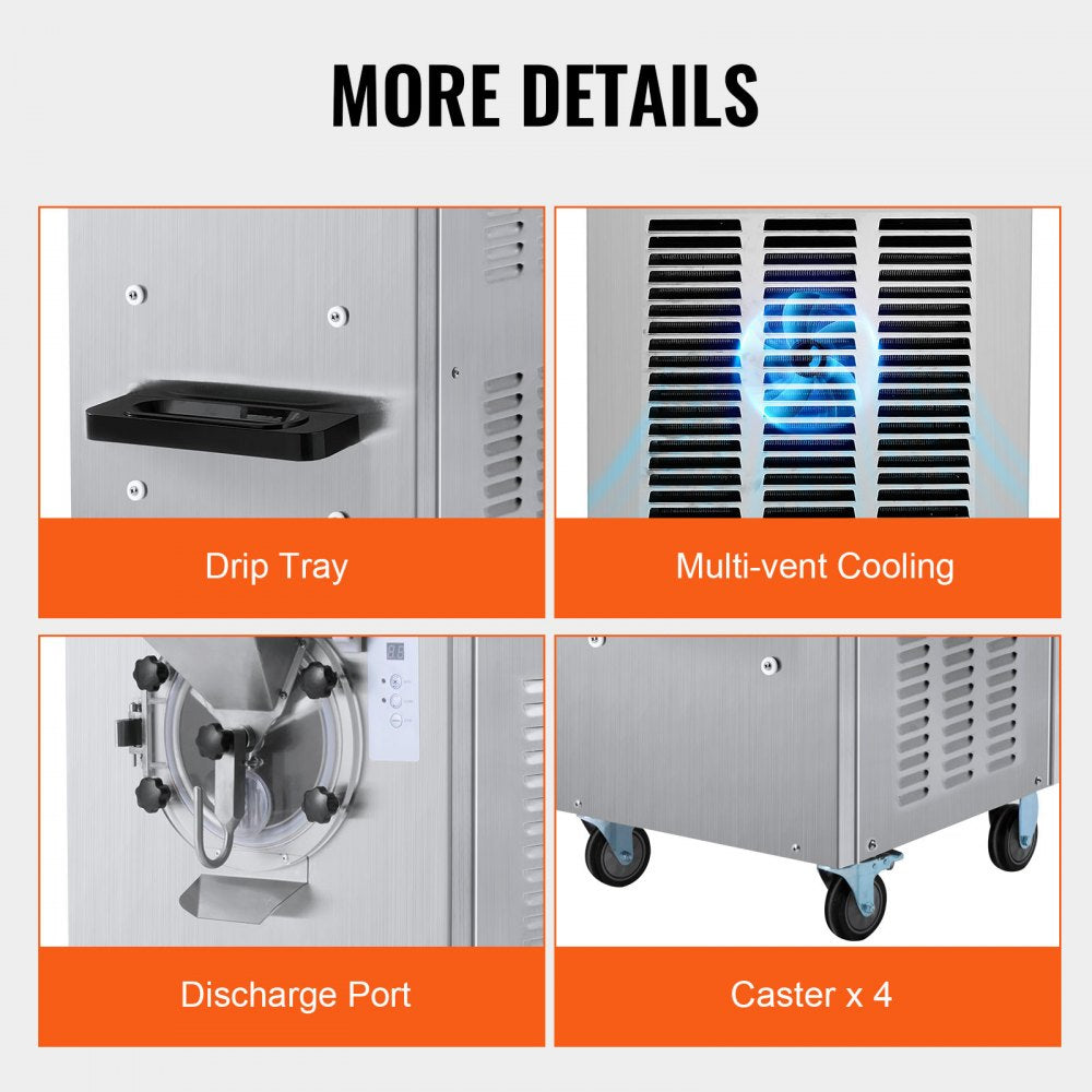 VEVOR Commercial Ice Cream Machine, 20-25L/H Yield, 2400W 1-Flavor Hard Serve Ice Cream Maker,  8L Stainless Steel Cylinder, Digital Display Auto Clean Adjustable Hardness, for Restaurant Snack Bars 