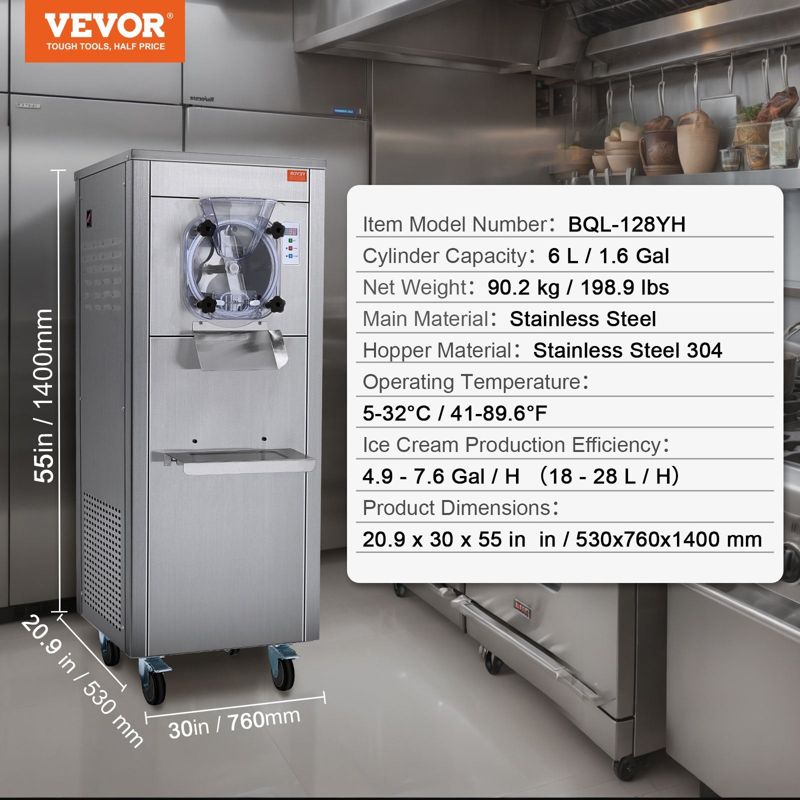 VEVOR Commercial Ice Cream Machine, 18 L/H Yield, 1780W Single Flavor Hard Serve Ice Cream Maker with Wheels, 6L Stainless Steel Cylinder, LED Panel Auto Clean Pre-cooling, for Restaurant Snack Bars 