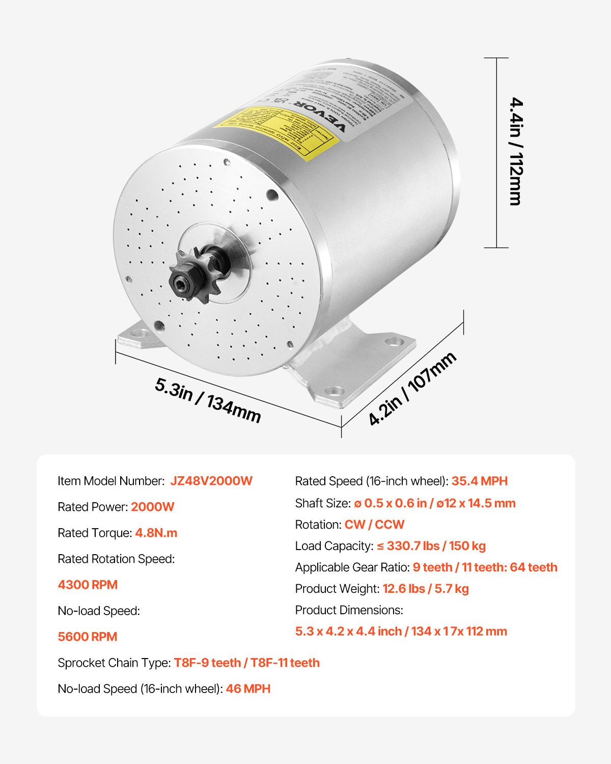 VEVOR 2000W Electric Brushless DC Motor Kit 48V 4300rpm Motor & Speed Controller 