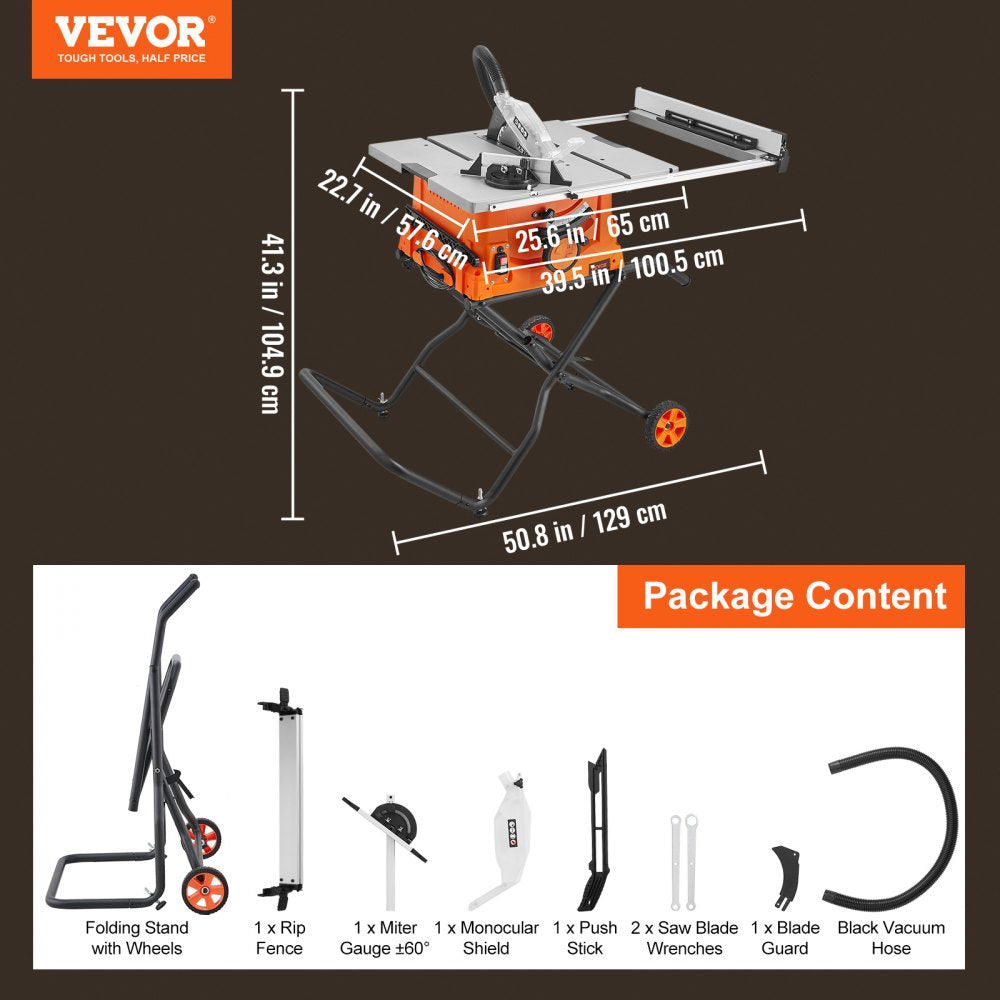 VEVOR 10" Table Saw w/ Stand Electric Cutting Machine 5000RPM 25-in Rip Capacity 
