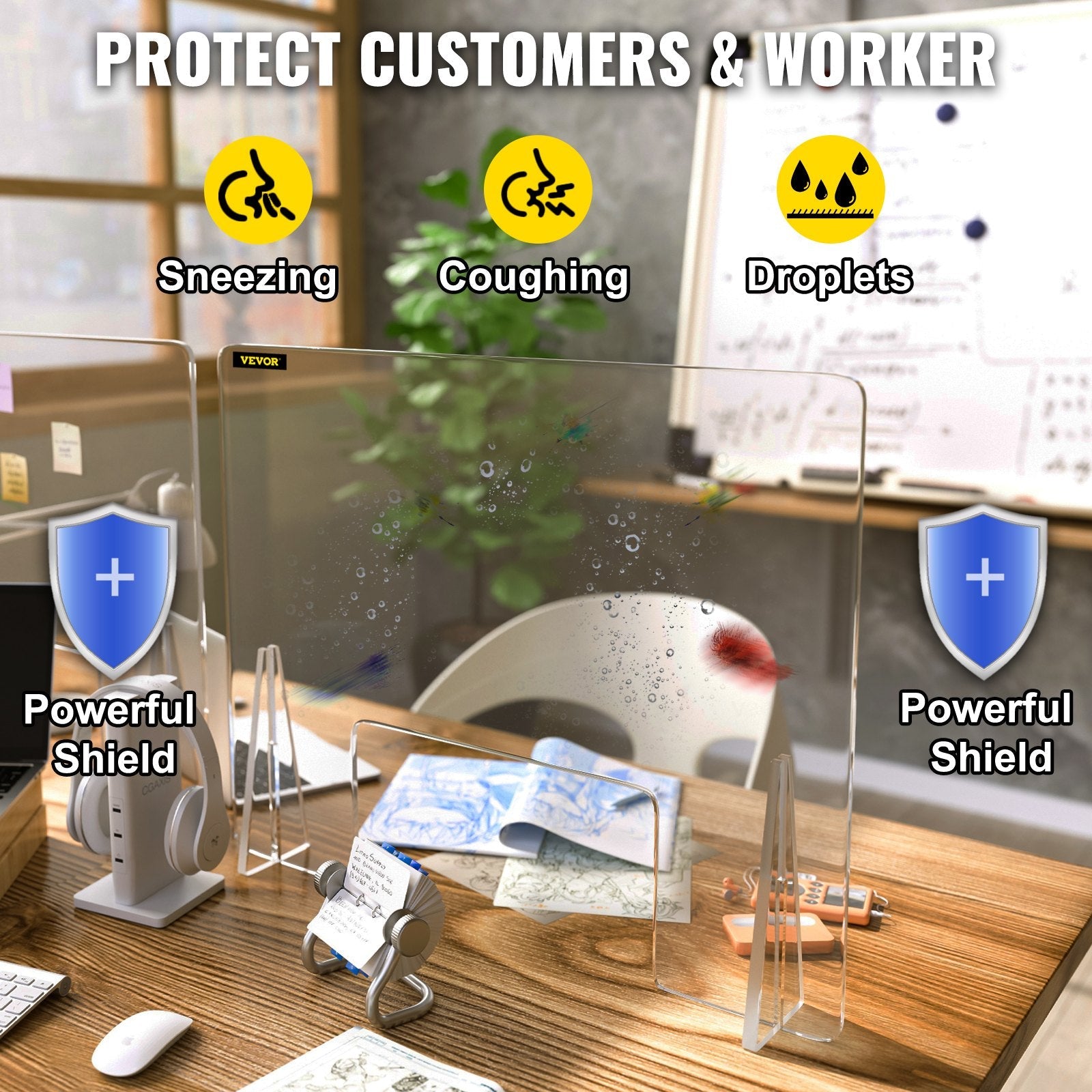 VEVOR Sneeze Guard for Counter 24"x24" Acrylic Shield for Desk 0.2" Thick Acrylic Board Acrylic Shield for Counter with Transaction Window Acrylic Sneeze Guard for Cashier Counters, Banks, Restaurants 