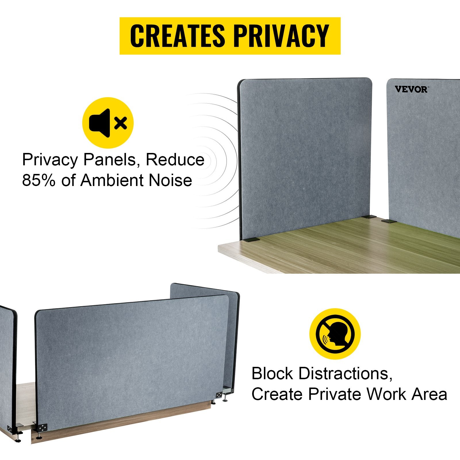 VEVOR Desk Divider 60'' Desk Privacy Panel, 3 Panels Privacy Acoustic Panel, Sound Absorbing Acoustic Privacy Panel, Reduce Noise and Visual Distractions, Lightweight Clamp-on Divider Light Gray 