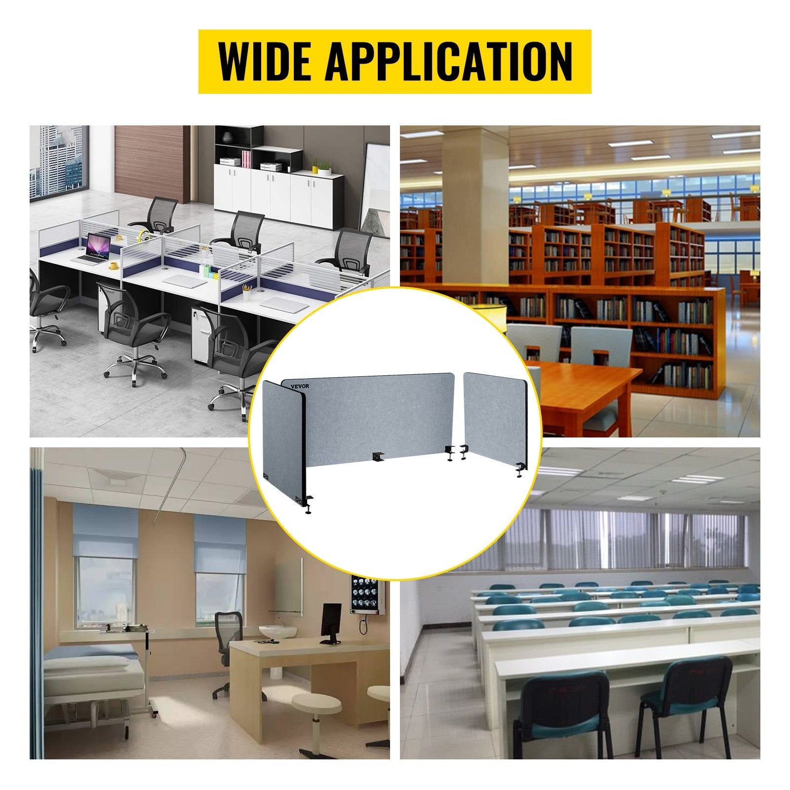 VEVOR Desk Divider 60'' Desk Privacy Panel, 3 Panels Privacy Acoustic Panel, Sound Absorbing Acoustic Privacy Panel, Reduce Noise and Visual Distractions, Lightweight Clamp-on Divider Light Gray 