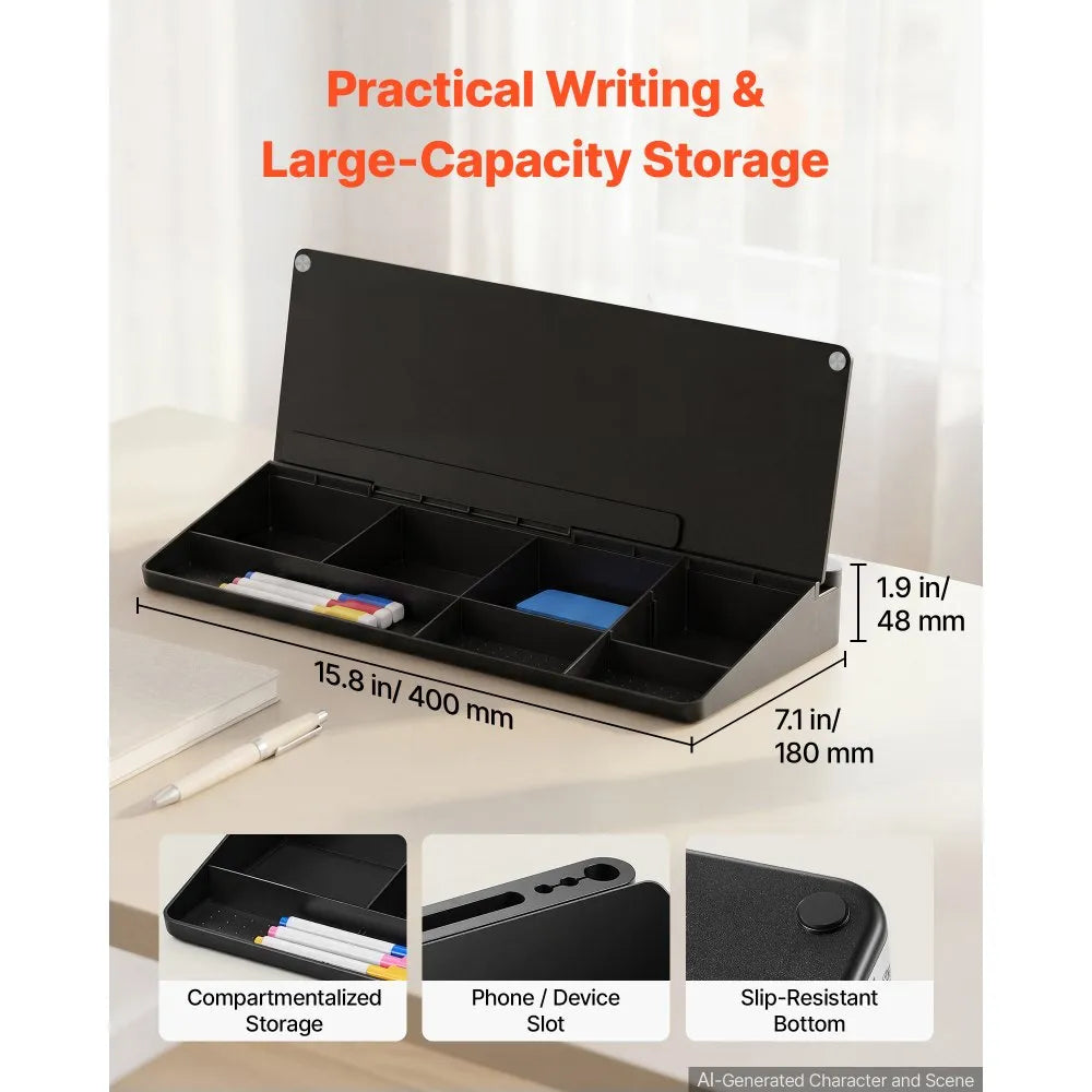 Desktop Glass Dry Erase Board with Storage Organizer & Keyboard Stand, Black, 15.8" x 7.1"