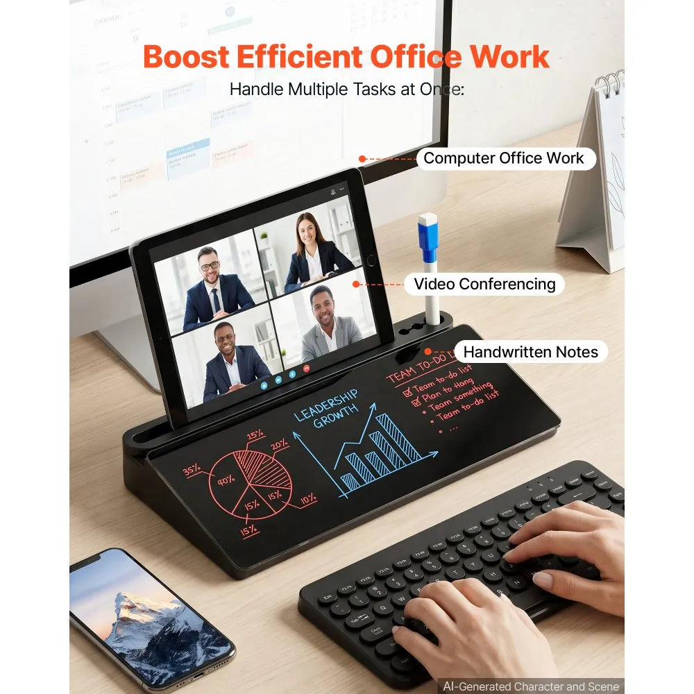 Desktop Glass Dry Erase Board with Storage Organizer & Keyboard Stand, Black, 15.8" x 7.1"