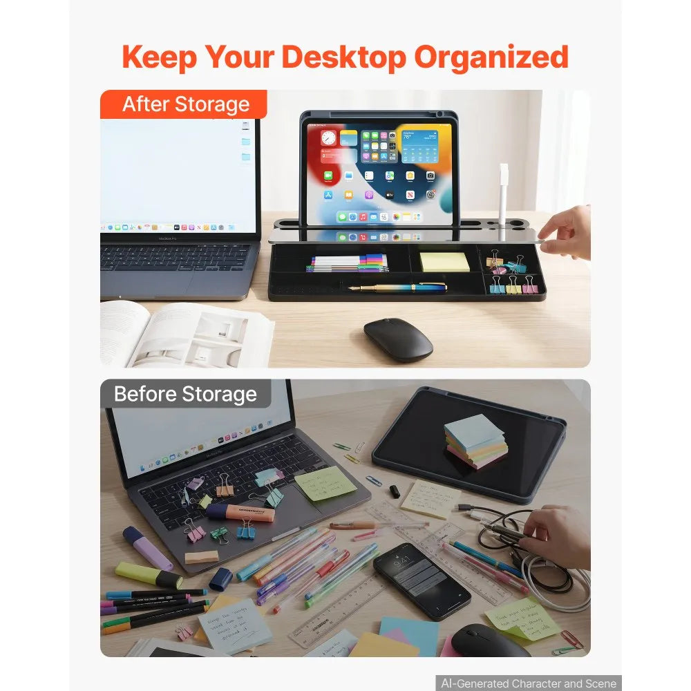 Desktop Glass Dry Erase Board with Storage Organizer & Keyboard Stand, Black, 15.8" x 7.1"