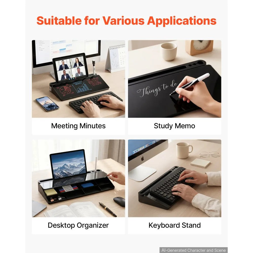Desktop Glass Dry Erase Board with Storage Organizer & Keyboard Stand, Black, 15.8" x 7.1"