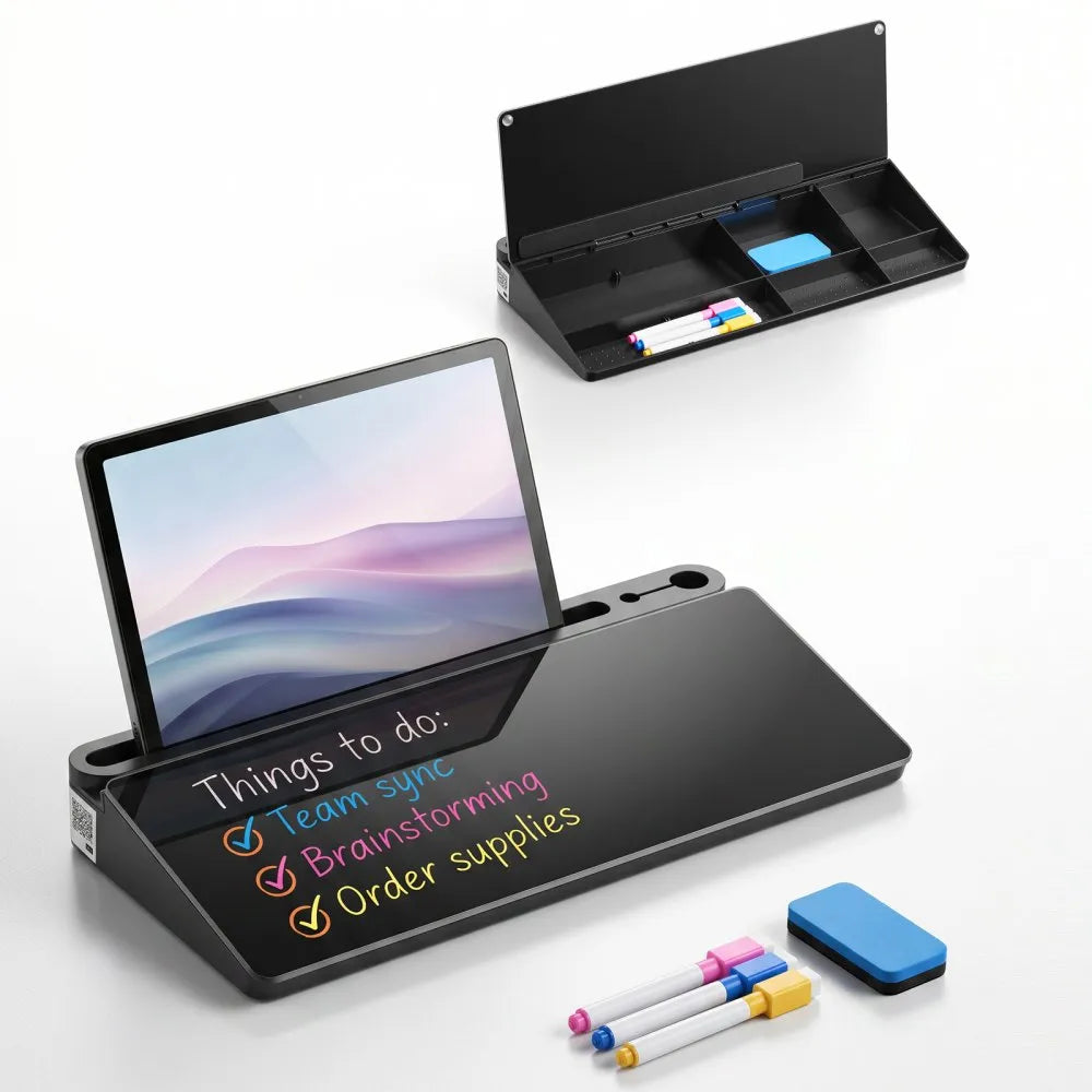 Desktop Glass Dry Erase Board with Storage Organizer & Keyboard Stand, Black, 15.8" x 7.1"