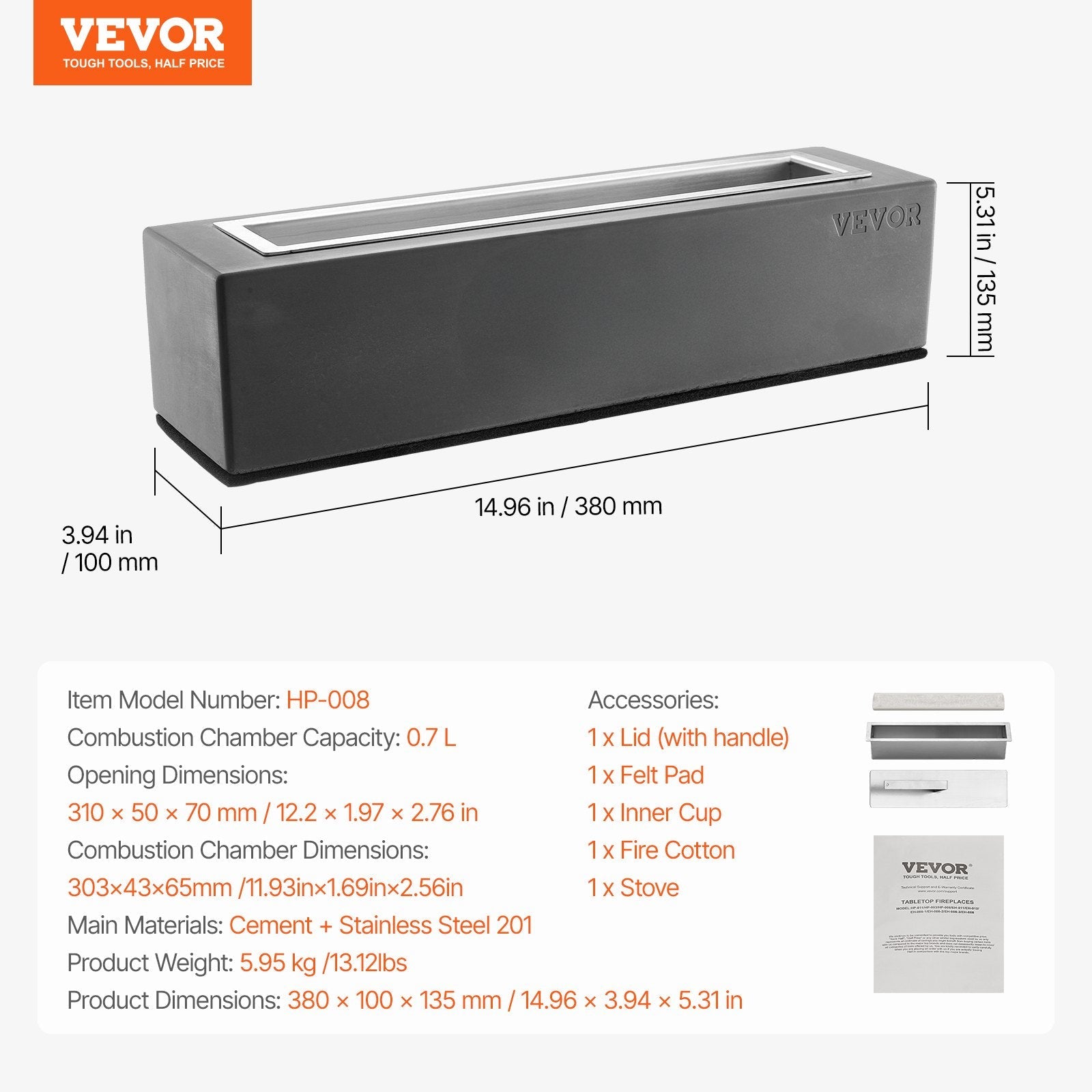 VEVOR Tabletop Fire Pit Bowl 15 inch Concrete Fireplace Indoor Outdoor Patio 