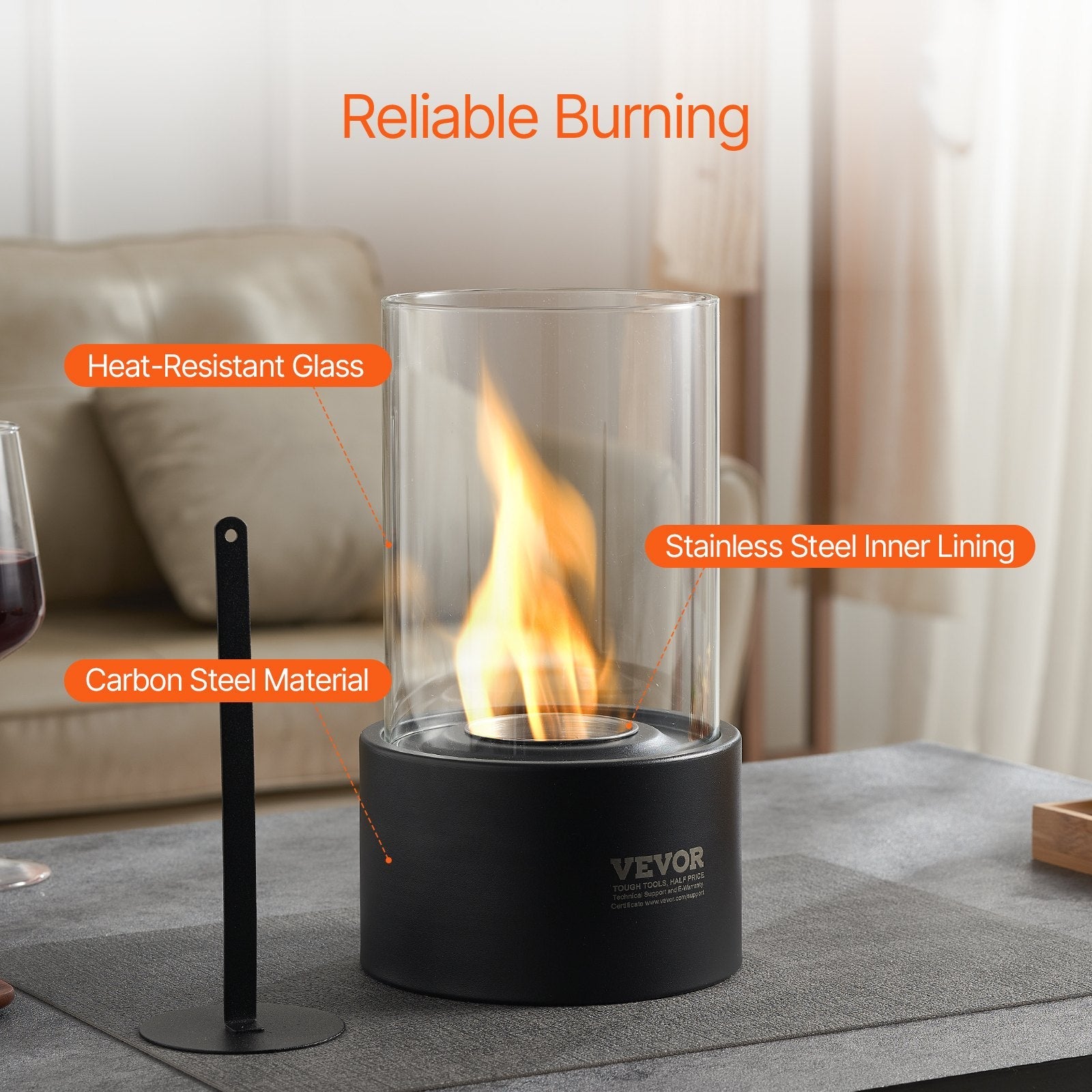 VEVOR Tabletop Fire Pit 6 inch Metal Fireplace Indoor Outdoor with Glass 