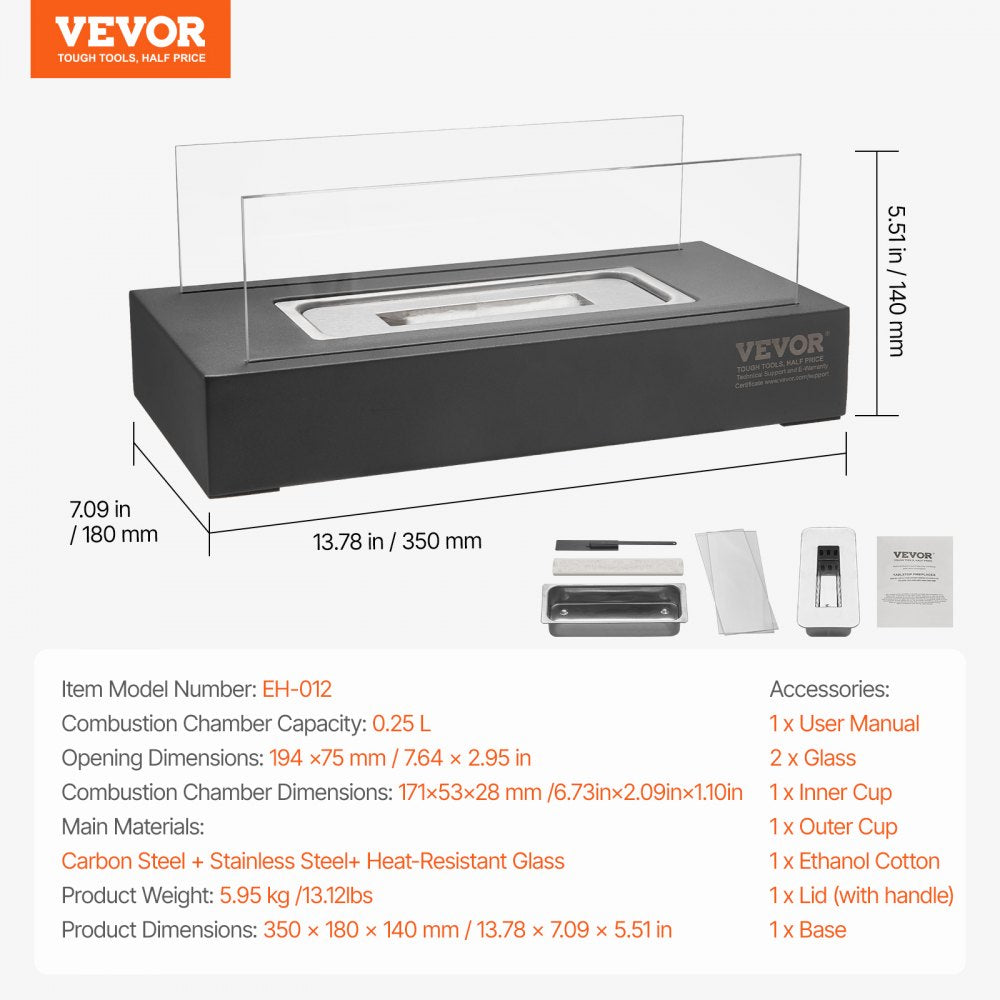 VEVOR Tabletop Fire Pit 14 inch Metal Fireplace Indoor Outdoor with Glass 