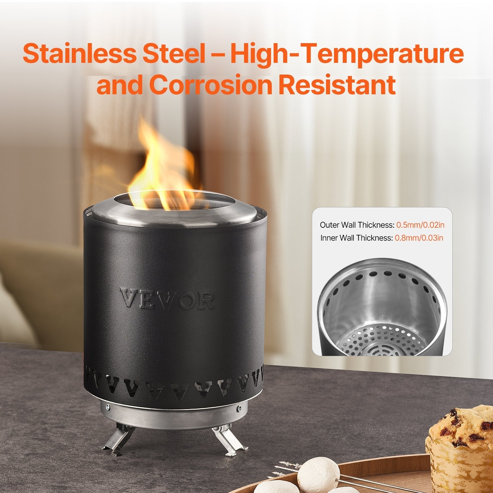 VEVOR Tabletop Fire Pit 6 inch Stainless Steel Fireplace Indoor Outdoor Black 