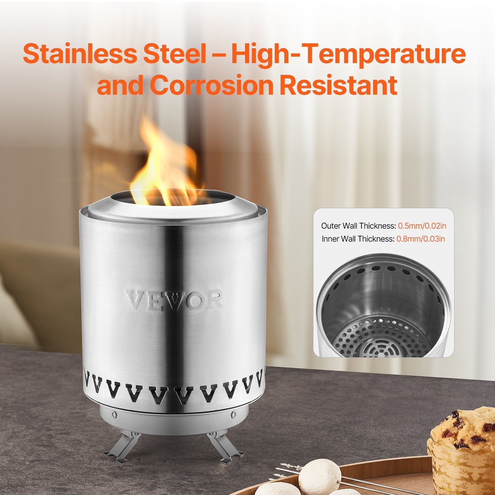 VEVOR Tabletop Fire Pit 6 inch Stainless Steel Fireplace Indoor Outdoor Silver 