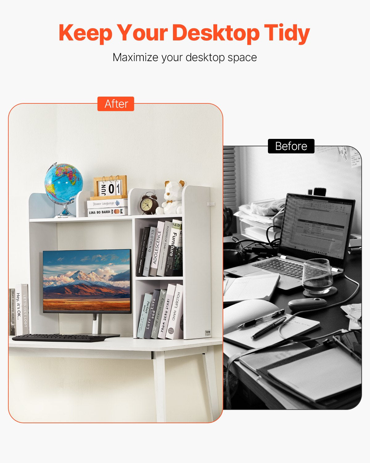 VEVOR Desktop Bookshelf White Desktop Storage Organizer 2-Tier for Office & Home 