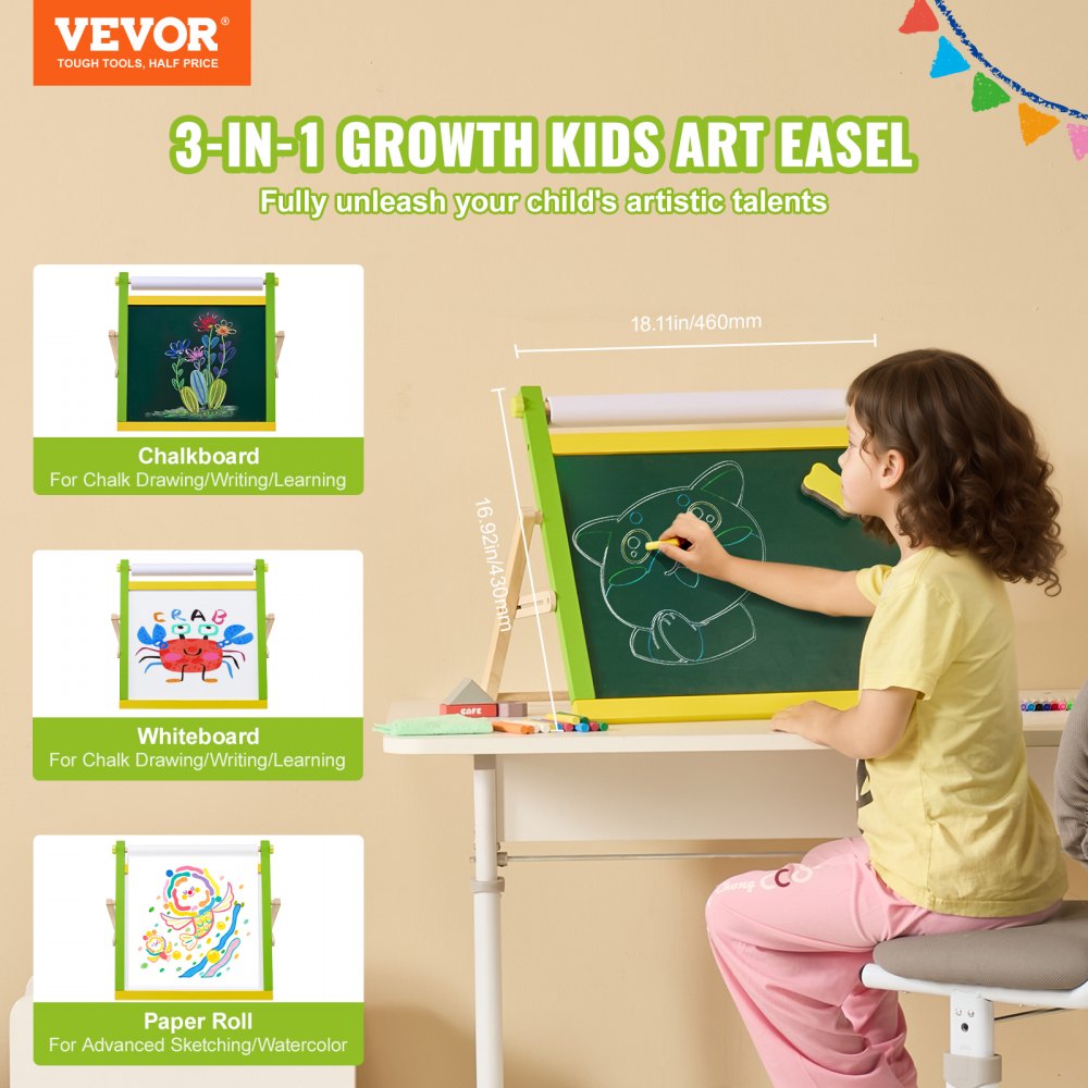 VEVOR 3-in-1 Tabletop Kids Art Easel Double-Sided Magnetic Whiteboard Chalkboard 