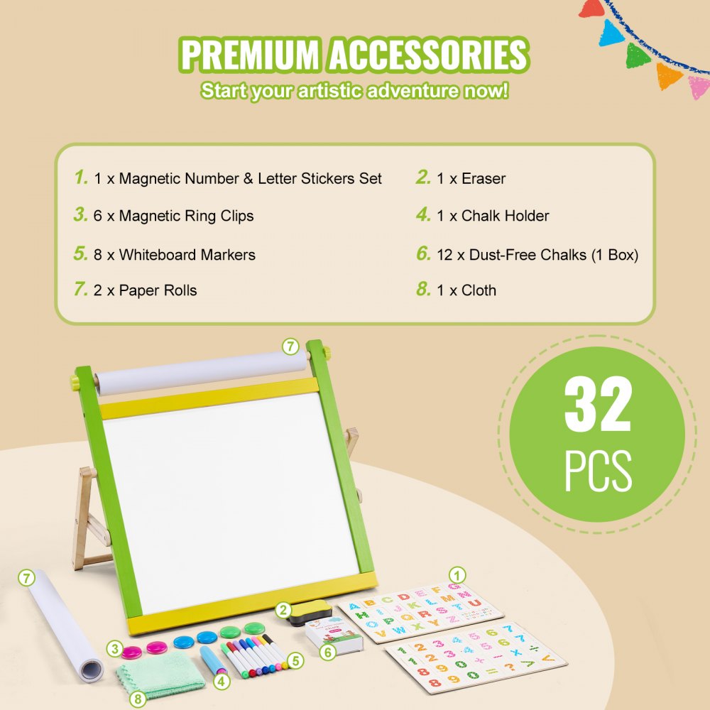 VEVOR 3-in-1 Tabletop Kids Art Easel Double-Sided Magnetic Whiteboard Chalkboard 